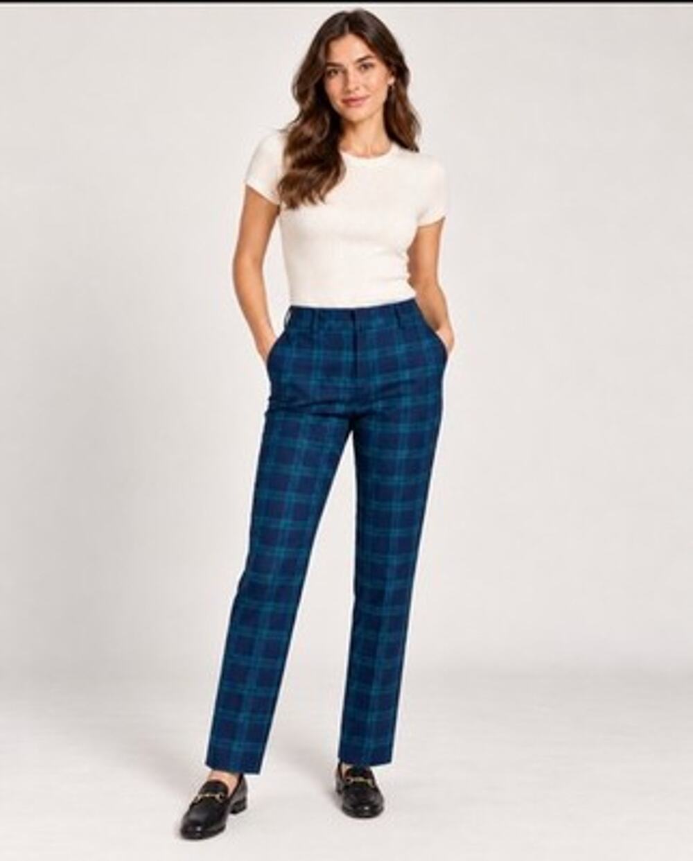 Talbots Hampshire Ankle Pants Tartan Plaid Size 8 Wool Blend Navy Blue Green